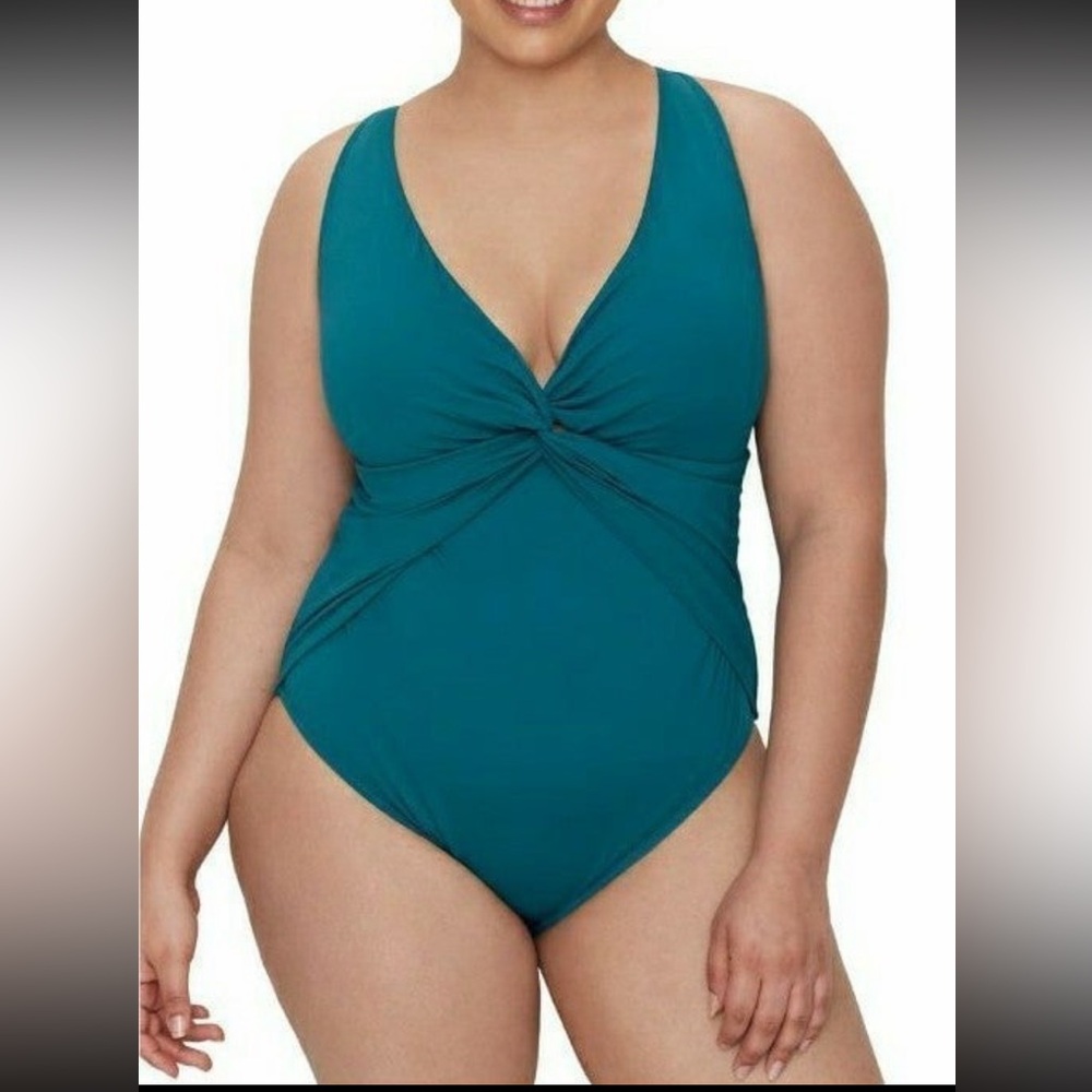 Bleu by Rod Beattie Teal Green Plunge Front One Piece Swimsuit Bathing Suit